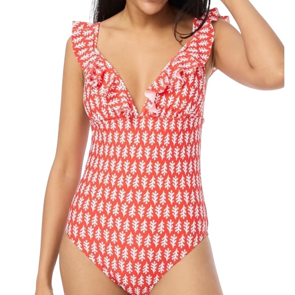 J.Crew Floral Ruffle Shoulder V-Neck One Piece Swimsuit Red White XL Vacation